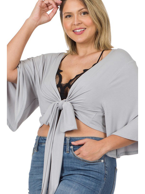 Vera Plus Size Cropped Wrap Cardigan in Light Grey