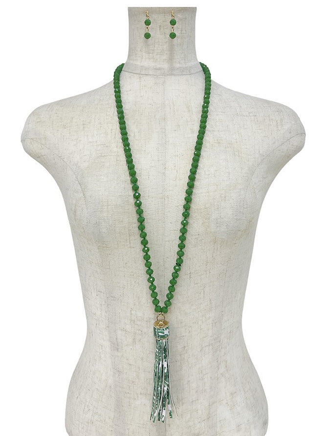 Floral Tassel Glass Bead Long Necklace Set