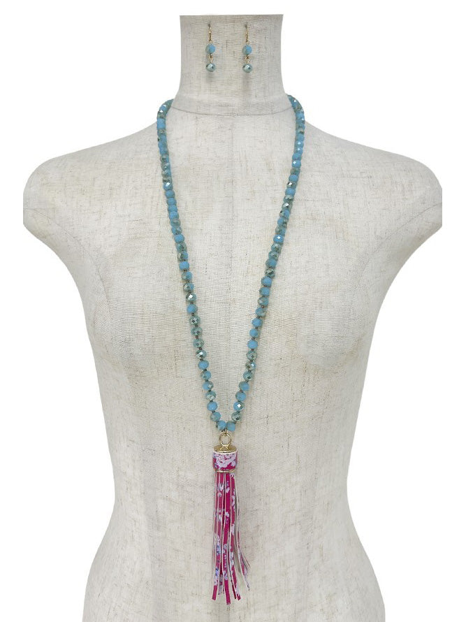 Floral Tassel Glass Bead Long Necklace Set