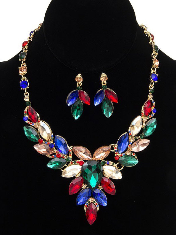 Faceted Crystal Gem Marquise Necklace Set in Multi