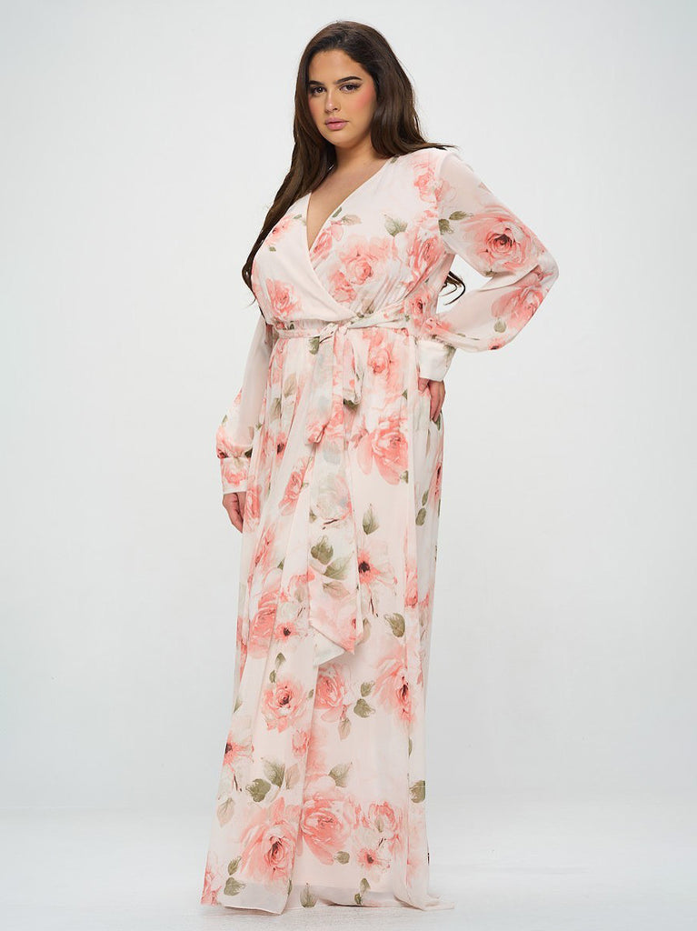 Abigail Plus Size Chiffon Maxi Dress in Peach Floral