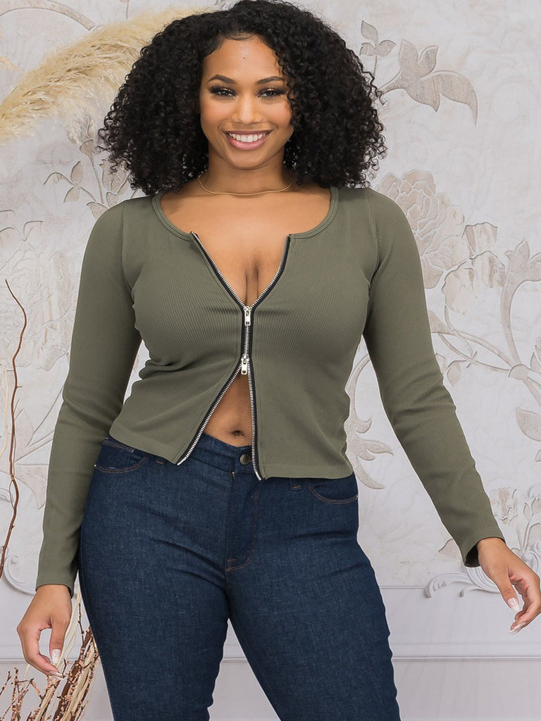Calla Plus Size Two-Way Zipper Top in Olive